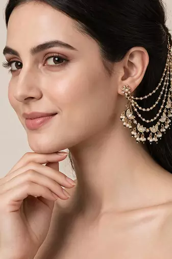 Gold plated kundan pearl earchain