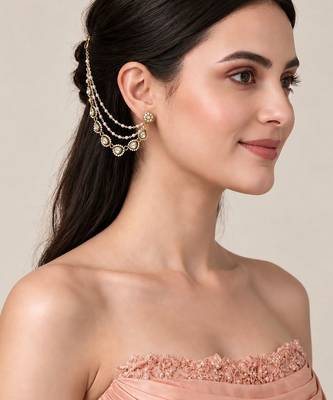 Gold plated kundan pearl layered earchain 1