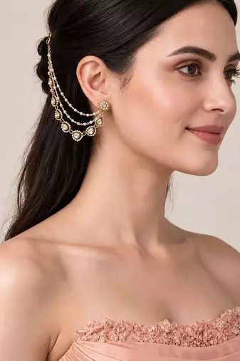 Gold plated kundan pearl layered earchain