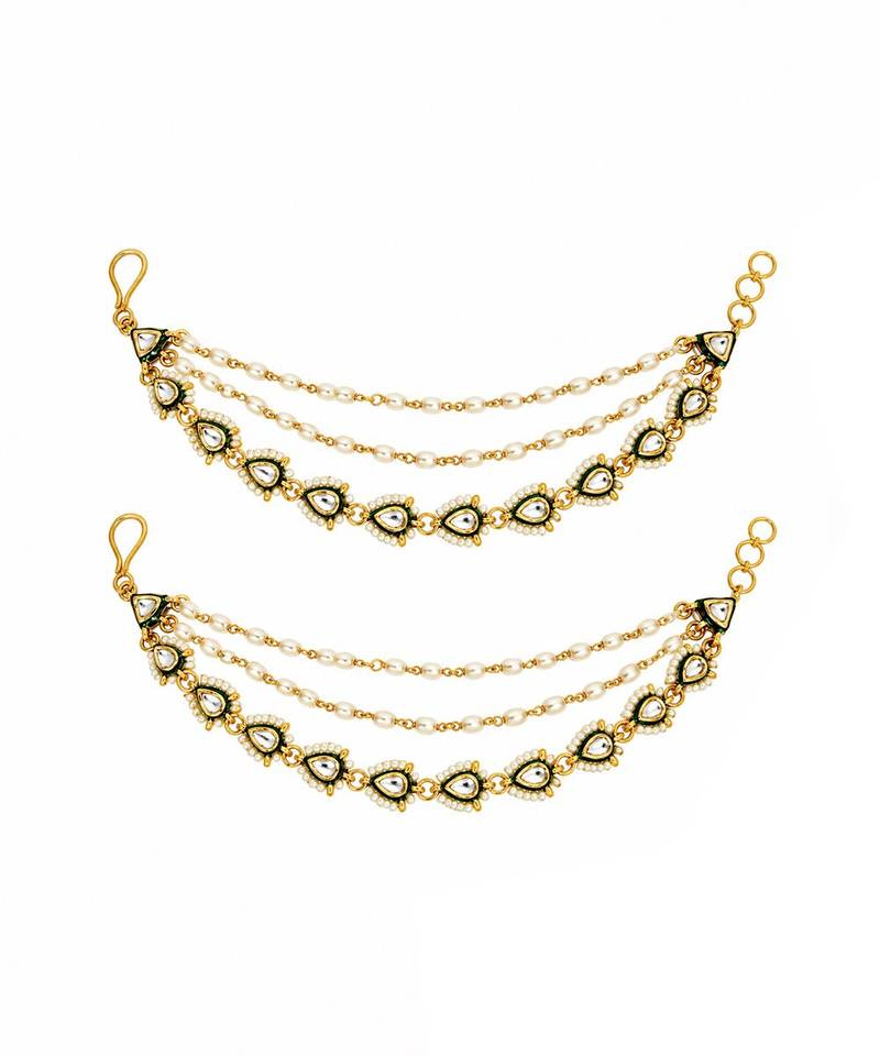 Gold plated kundan pearl layered earchain