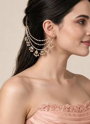 Gold plated kundan pearl drop earchain 1