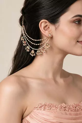 Gold plated kundan pearl drop earchain