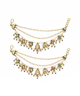 Gold plated kundan pearl drop earchain 2