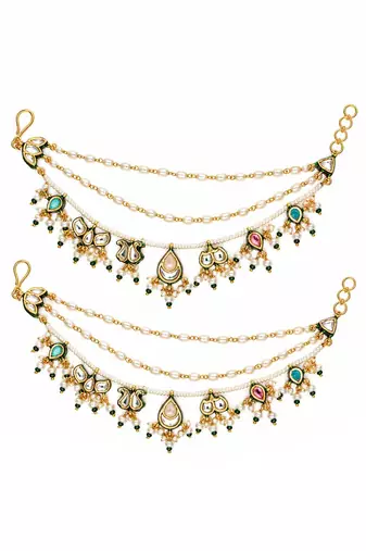 Gold plated kundan pearl drop earchain