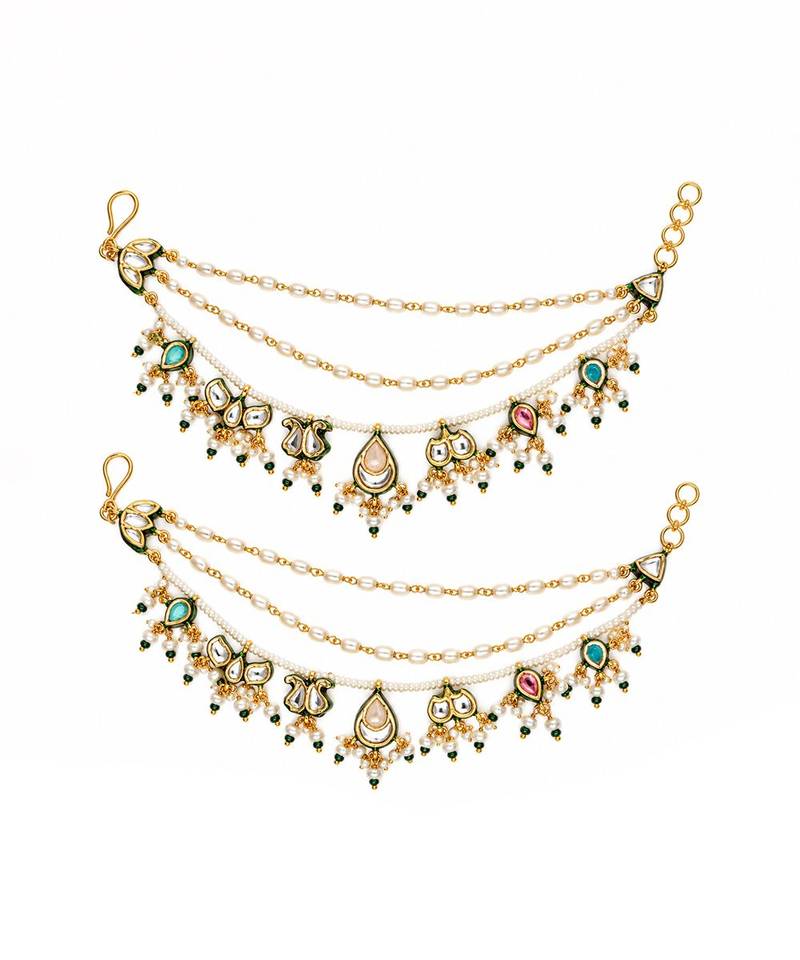 Gold plated kundan pearl drop earchain