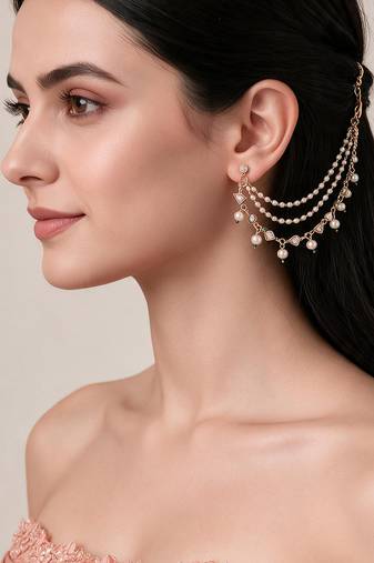 Gold plated kundan pearl cascade earchain