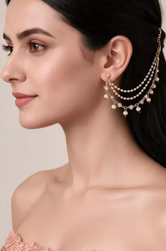 Gold plated kundan pearl cascade earchain