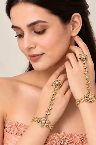 Gold plated kundan pearl leaf haath phool