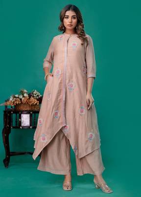 Beige embroidered mul chanderi kurta palazzo set of 2 1