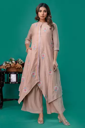 Beige embroidered mul chanderi kurta palazzo set of 2