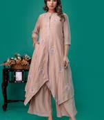 Beige embroidered mul chanderi kurta palazzo set of 2