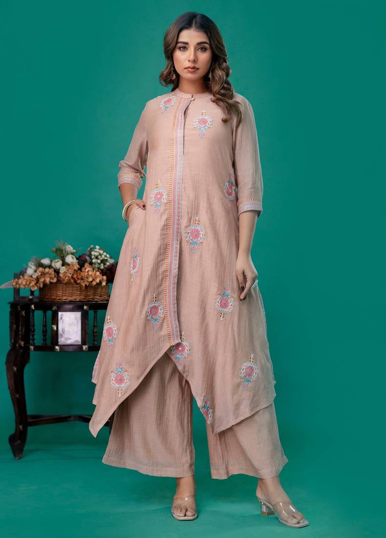 Beige embroidered mul chanderi kurta palazzo set of 2