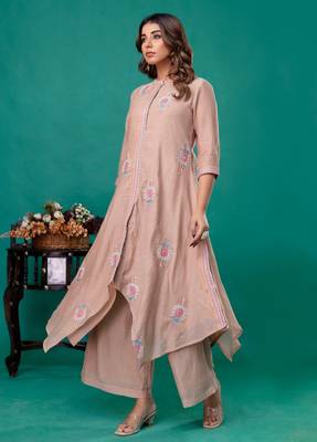Beige embroidered mul chanderi kurta palazzo set of 2 2