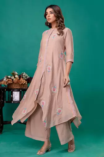 Beige embroidered mul chanderi kurta palazzo set of 2