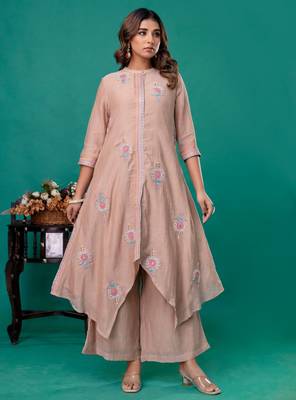 Beige embroidered mul chanderi kurta palazzo set of 2 3