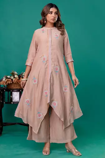 Beige embroidered mul chanderi kurta palazzo set of 2