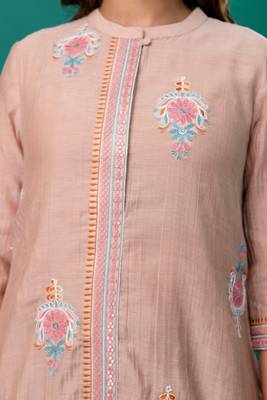 Beige embroidered mul chanderi kurta palazzo set of 2 4