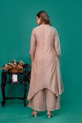 Beige embroidered mul chanderi kurta palazzo set of 2 5