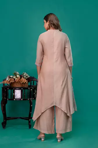 Beige embroidered mul chanderi kurta palazzo set of 2