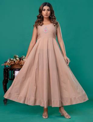 Beige embroidered mul chanderi long gown set of 2 2