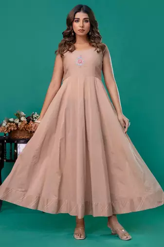 Beige embroidered mul chanderi long gown set of 2