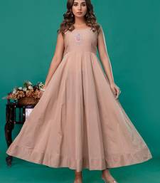 Beige embroidered mul chanderi long gown set of 2