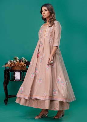 Beige embroidered mul chanderi long gown set of 2 3