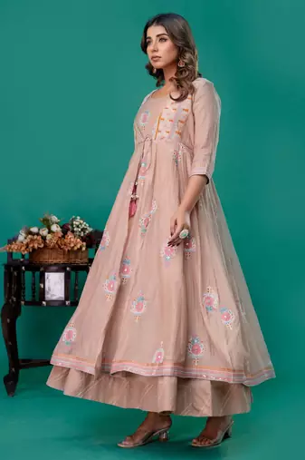 Beige embroidered mul chanderi long gown set of 2