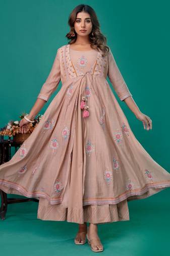 Beige embroidered mul chanderi long gown set of 2