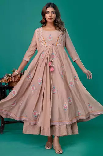 Beige embroidered mul chanderi long gown set of 2