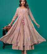 Beige embroidered mul chanderi long gown set of 2