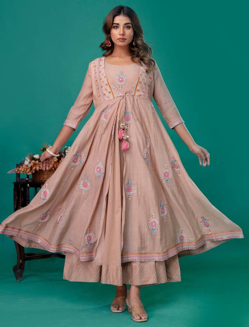 Beige embroidered mul chanderi long gown set of 2