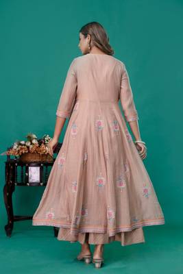 Beige embroidered mul chanderi long gown set of 2 4