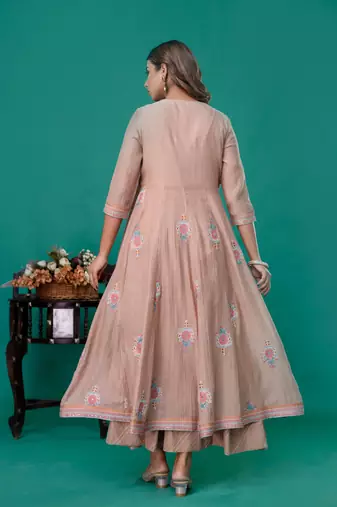 Beige embroidered mul chanderi long gown set of 2