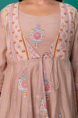 Beige embroidered mul chanderi long gown set of 2 5