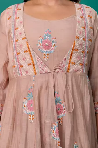 Beige embroidered mul chanderi long gown set of 2