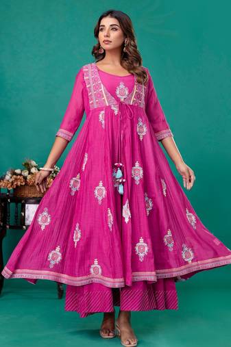 Fuschia embroidered mul chanderi long gown set of 2