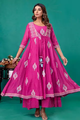 Fuschia embroidered mul chanderi long gown set of 2