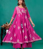Fuschia embroidered mul chanderi long gown set of 2