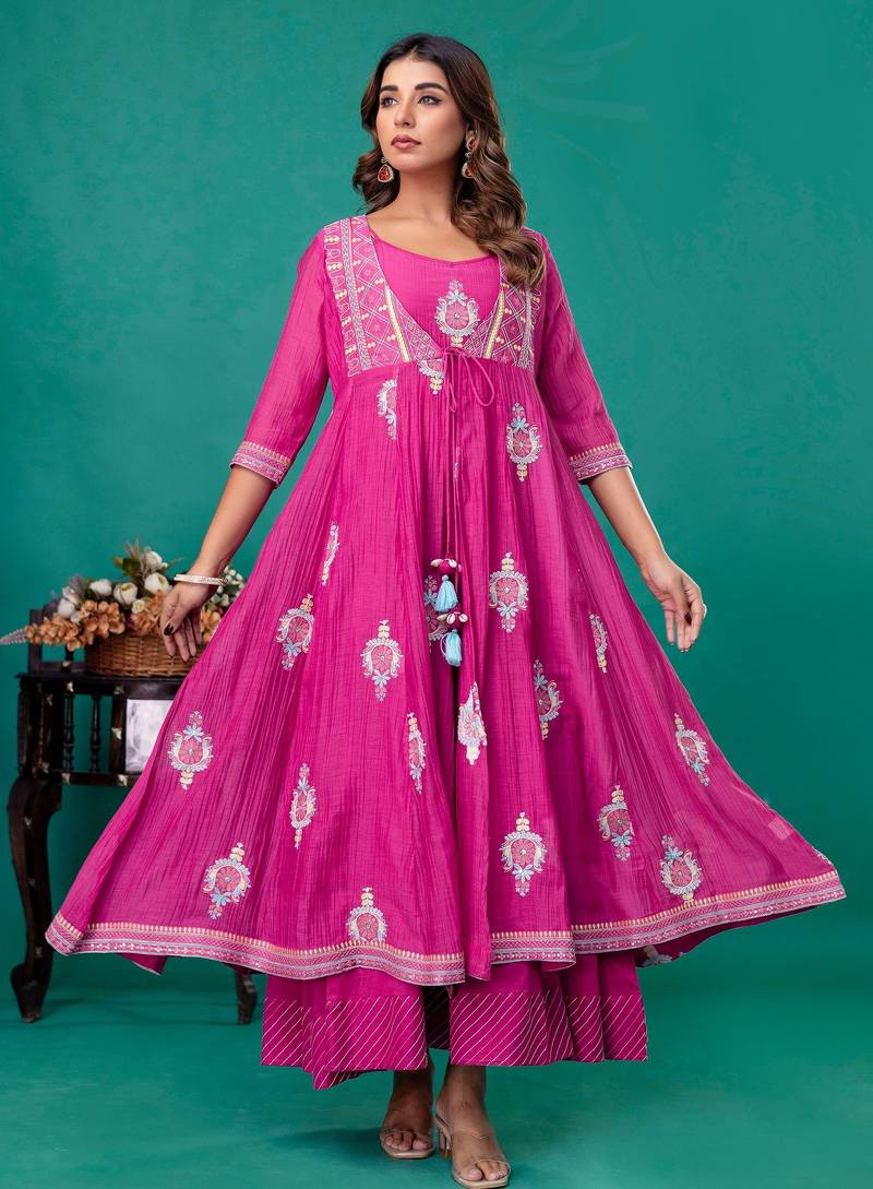 Fuschia embroidered mul chanderi long gown set of 2
