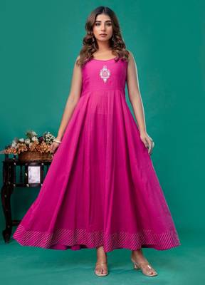 Fuschia embroidered mul chanderi long gown set of 2 2