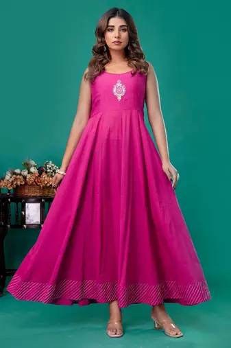 Fuschia embroidered mul chanderi long gown set of 2