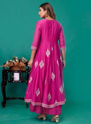 Fuschia embroidered mul chanderi long gown set of 2 3