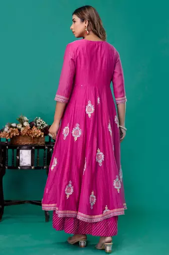 Fuschia embroidered mul chanderi long gown set of 2