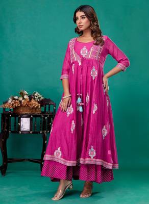 Fuschia embroidered mul chanderi long gown set of 2 4