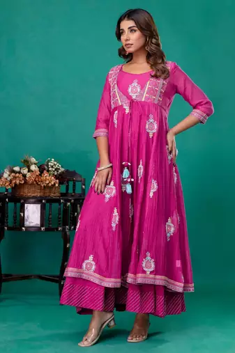 Fuschia embroidered mul chanderi long gown set of 2