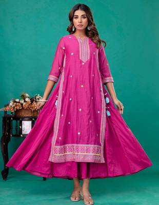 Fuschia embroidered gown dupatta set of 2 3