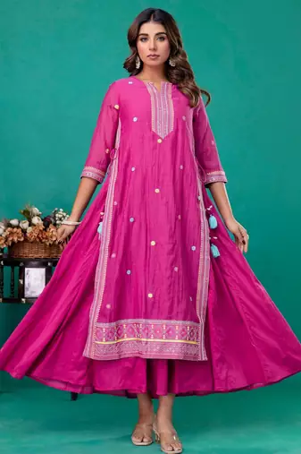 Fuschia embroidered gown dupatta set of 2