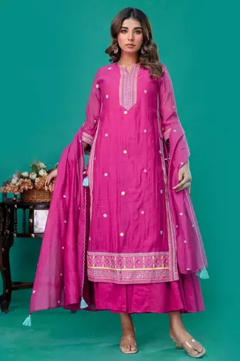 Fuschia embroidered gown dupatta set of 2