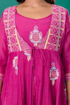 Fuschia embroidered mul chanderi long gown set of 2 5